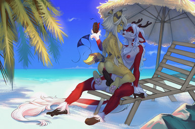 ankle_tuft anthro antlers anus areola arm_tuft balls beach bikini bikini_top black_penis black_sclera blue_eyes breasts chair chest_tuft clothing duo ear_tuft female from_front_position fur furniture genitals gynomorph gynomorph/female hair holding_bikini_top horn intersex intersex/female knot knotted_penis leg_tuft markings mastery_position on_chair pawpads penis plant red_body red_fur sex sitting sitting_on_chair spots spotted_body spotted_fur straddling_lap striped_markings striped_tail stripes swimwear tail tail_markings tail_tuft tongue tongue_out tree tuft two-piece_swimsuit umbrella white_body white_fur white_hair yellow_eyes gimka mythology akane_(crimsir) gim_(gimka) canid canine dragon felid feline fox hybrid kirin lynx mammal mythological_creature mythological_scalie scalie hi_res