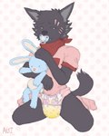 anthro bodily_fluids bunnyhopps_(diaper) clothed clothing diaper footwear genital_fluids hankerchief holding_object holding_plushie kneeling male object_in_mouth pacifier pacifier_in_mouth pink_background pink_clothing pink_footwear pink_shirt pink_socks pink_topwear plushie red_clothing red_shirt red_topwear shirt simple_background socks solo topwear unclean_diaper urine used_diaper wearing_diaper wet_diaper white_background padpupalei abuniverse bunnyhopps canid canine canis domestic_dog mammal 4:5 hi_res