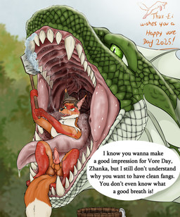 anthro anthro_prey bodily_fluids breath brush brushing brushing_another's_teeth brushing_teeth duo erection fangs female feral feral_pred genitals male male/female mouth_shot open_mouth penis saliva saliva_on_tongue saliva_string teeth text tongue uvula vore zhanka thux-ei european_mythology mythology vore_day vore_day_2025 thux canid canine dragon fox mammal mythological_creature mythological_scalie red_fox reptile scalie true_fox western_dragon absurd_res english_text hi_res