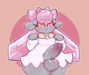 :< anthro aroused balls big_balls big_eyes big_penis blush blush_lines closed_frown clothed clothing crossdressing diamond_(gem) dress eyelashes femboy fingers floppy_ears foreskin front_view frown gem genitals geometric_background grey_body huge_balls huge_hips huge_penis huge_thighs humanoid_genitalia humanoid_penis looking_down looking_down_at_self male moobs mouth_closed outline partially_clothed partially_retracted_foreskin penis pink_eyes pupils shortstack shortstack_male simple_background solo standing thick_thighs three-quarter_view white_clothing white_dress white_outline white_pupils wide_hips yellow_sclera moogers nintendo pokemon diancie elemental_creature gem_creature generation_6_pokemon legendary_pokemon mineral_fauna pokemon_(species) 2023 absurd_res digital_media_(artwork) hi_res portrait shaded soft_shading three-quarter_portrait