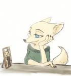 anthro arm_support blue_eyes clothed clothing fur inner_ear_fluff leaning_on_elbow photo simple_background smile solo tuft white_background white_body white_fur marema_kishin disney zootopia skye_(zootopia) arctic_fox canid canine fox mammal true_fox 2018 digital_media_(artwork) hi_res