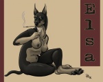 alcohol anthro beverage breasts cigarette cropped_ears cross cross_necklace female green_eyes holding_glass holding_object jewelry looking_at_viewer necklace nipple_piercing nipples nude piercing pose simple_background solo tail silber elsa canid canine canis dobermann domestic_dog mammal pinscher 2006 5:4 monochrome sepia