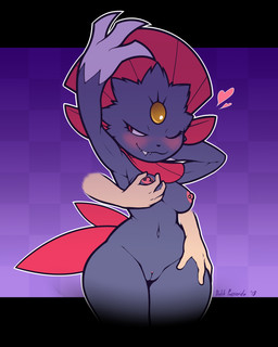 anthro areola barbell_piercing bite biting_lip biting_own_lip black_nose blush breast_fondling breast_grab breast_play breasts claws disembodied_hand duo eyelashes fangs female fondling fur genitals grabbing_from_behind half-closed_eyes hand_above_head hand_behind_head hand_on_breast hands_behind_head heart_symbol interspecies inviting long_eyelashes looking_back narrowed_eyes navel nipple_piercing nipples nude one_eye_closed piercing pokephilia self_bite sharp_teeth shortstack shortstack_female smile solo_focus standing teeth thick_thighs vulva wide_hips dakkpasserida nintendo pokemon nikki_(dakkpasserida) generation_4_pokemon human mammal pokemon_(species) weavile 2018 4:5 hi_res