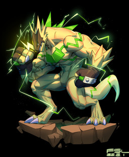 3_fingers 3_toes anthro biped clothing feet fingerless_gloves fingers gloves handwear male muscular muscular_anthro muscular_male muscular_thighs solo toes fansl bandai_namco digimon bulkmon digimon_(species) 2022 colored hi_res signature