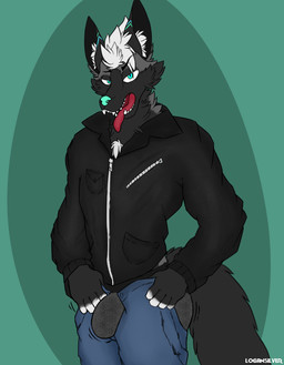 anthro bioluminescence bottomwear bulge butt clothed clothing denim denim_bottomwear denim_clothing fur glowing grey_body grey_fur hair jeans leather leather_clothing male pants pulling_up_pants solo underwear white_hair logan_silver tight_pants_(meme) canid canine fox mammal red_fox silver_fox true_fox 2023 digital_drawing_(artwork) digital_media_(artwork) hi_res meme
