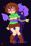 anthro blush boots bottomwear breasts clothing dripping female footwear goo_hair male male/female monster_girl_(genre) pseudo_hair purple_body questionable_consent red_eyes restrained shoes shorts slime struggling sweater tail thighs_together topwear yellow_eyes heartear18 wakingslime undertale undertale_(series) chara_(undertale) goo_creature goo_humanoid human humanoid mammal hi_res