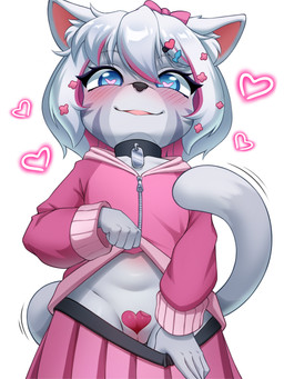 accessory anthro biped black_nose blue_eyes bottomwear bottomwear_down bow_ribbon clothed clothing clothing_lift collar_tag countershade_face countershade_fur countershade_torso countershading dipstick_tail eyebrows female fur genitals grey_body grey_fur grey_hair hair hair_accessory hair_bow hair_ribbon hairclip heart_pupils heart_symbol humanoid_genitalia humanoid_vulva jacket maebari markings multicolored_body multicolored_fur presenting presenting_vulva red_bottomwear red_clothing red_jacket red_skirt red_topwear ribbons short_hair simple_background skirt skirt_down solo standing tail tail_markings tongue topwear two_tone_body two_tone_fur vulva white_background white_body white_countershading white_fur white_markings young young_anthro young_female katsurou domestic_cat felid feline felis mammal 2026 3:4 absurd_res hi_res