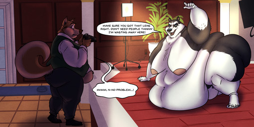 belly big_belly black_body black_fur brown_body brown_fur camera dialogue duo fur male moobs nude obese obese_male overweight overweight_male photo_shoot text white_body white_fur basicbiscuit balto_(series) universal_studios steele canid canine canis domestic_dog husky mammal nordic_sled_dog spitz english_text hi_res