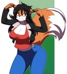 anthro big_breasts black_hair bottomwear breasts cleavage clothed clothing denim denim_bottomwear denim_clothing female fur hair hands_on_ears hands_on_own_ears holding_both_ears implied_transformation jacket jeans long_hair midriff orange_body orange_fur pants solo topwear kojiro-brushard jackie_(malkaiwot) canid canine fox mammal 2018 hi_res