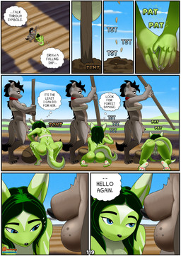 animal_genitalia anthro areola areola_slip balls belly big_balls big_breasts biped black_hair black_outline black_penis blue_eyes bottomless bottomless_anthro breasts brown_body brown_fur building cleavage clothed clothing cloud crotch_tuft dialogue duo ears_up feet fingers freckled_balls freckles fur genitals green_body green_fur green_hair greeting gynomorph hair half-closed_eyes happy house intersex landscape leaf long_hair narrowed_eyes navel nipples outline outside penis plant sheath sky smile standing tail text tight_clothing tree tuft walking spoogiehowl holt_(spoogiehowl) canid canine fox hyena mammal 2026 absurd_res colored comic digital_drawing_(artwork) digital_media_(artwork) digital_painting_(artwork) english_text full-length_portrait hi_res painting_(artwork) portrait story herm_(lore)