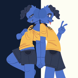 5_fingers anthro back_to_back black_collar blue_body blue_eyes blue_fur bottomwear clothed clothing collar duo exposed_shoulder fingers floppy_ears fur gesture grey_bottomwear grey_clothing grey_shorts grin hand_gesture hand_on_chest interlocked_fingers looking_at_viewer male midriff pupils raised_clothing raised_hand raised_leg raised_shirt raised_topwear shirt shorts smile square_crossover standing topwear v_sign yellow_clothing yellow_shirt yellow_topwear dalueart dalue_(dalueart) canid canine canis domestic_dog mammal 2d_animation animated loop short_playtime video