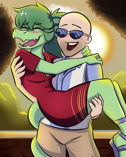 anthro bald blush blush_lines bodily_fluids breasts bridal_carry canon_couple carrying_another clothed clothed_anthro clothed_female clothed_human clothed_male clothing crying day digit_ring dress duo eyelashes eyewear female fingers footwear freckled_face freckles front_view furgonomics green_body green_hair hair happy human_on_anthro humanoid_hands interspecies jewelry long_eyelashes long_hair male male/female medium_breasts non-mammal_breasts open_mouth open_smile outside red_clothing red_dress ring romantic romantic_couple shoes smile sun sunglasses tail tail_around_partner tears tears_of_joy wedding_ring 49ersrule07 cavemanon_studios i_wani_hug_that_gator inco_(iwhtg) olivia_halford baryonyx dinosaur human mammal prehistoric_species reptile saurischian scalie spinosaurid theropod 2024 4:5 colored hi_res shaded