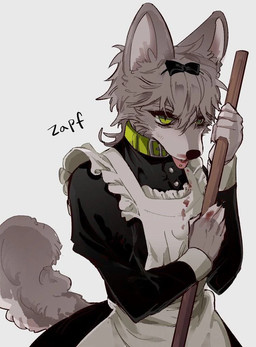 anthro apron cleaning_tool clothing collar fur green_collar green_eyes grey_body grey_fur maid_uniform male mop simple_background solo stained_clothing tongue tongue_out uniform white_background zapf canid canine canis mammal wolf