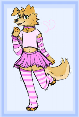 anthro bell blue_border border bottomwear clothed clothing collar crop_top crossdressing legwear male shirt skirt solo stockings topwear sixss bird_dog canid canine canis domestic_dog golden_retriever hunting_dog mammal retriever hi_res