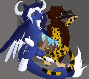 balls bent_over birthday butt candle claws cutie_mark eyewear feathers female feral frosting genitals glasses hair hand_on_butt hooves horn hot_dogging leopard_spots long_tail looking_back male male/female paws penis presenting red_eyes sex simple_background smile spots sprinkles tail unimpressed wings villegreen hasbro my_little_pony hi_res