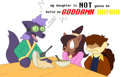 anthro asian_clothing bowl brown_body brown_fur brown_hair clothing container cowboy_hat cutlery dialogue east_asian_clothing eyewear female food fur furniture goggles green_clothing green_kimono group hair hat headgear headwear humor jacket japanese_clothing kimono kitchen_utensils male pale_skin pink_clothing pink_jacket pink_topwear profanity purple_body purple_fur purple_hair racism shocked simple_background soup speech_bubble spoon table tail tools topwear trio anonymous_artist unknown_artist deltarune deltarune_yellow undertale undertale_(series) undertale_yellow chujin_ketsukane cole_(deltarune_yellow) kanako_ketsukane animal_humanoid canid canid_humanoid canine canine_humanoid fox fox_humanoid human humanoid mammal mammal_humanoid