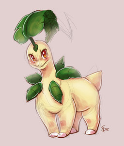 ambiguous_gender blush feral green_body looking_at_viewer pale_body red_eyes smile smiling_at_viewer solo spacesmilodon nintendo pokemon healer_(straviios) bayleef generation_2_pokemon pokemon_(species) 2015 hi_res