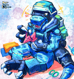 anthro armor digital_camo folding headgear helmet male military origami paper papercraft sitting smile soldier solo warrior korbyxd bandai_namco digimon commandramon digimon_(species) scalie hi_res