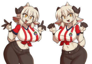 anthro armbands_(marking) big_breasts biped black_bottomwear black_clothing black_pants bottomwear breasts clothing dark_fingers ear_piercing ear_ring eyebrow_through_hair eyebrows female fur goat_tail hair horizontal_pupils horn looking_at_viewer midriff navel open_mouth pants pattern_clothing piercing pupils red_stripes ring_piercing soccer_jersey solo striped_clothing stripes thick_thighs tongue tongue_out translucent translucent_hair white_body white_fur white_hair white_stripes wide_hips yellow_eyes lucyfercomic club_deportivo_guadalajara bovid caprine goat mammal character_request hi_res