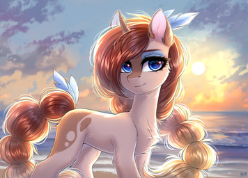 accessory blue_eyes blue_eyeshadow brown_body brown_fur brown_hair brown_tail chest_tuft eyelashes eyeshadow feathers female feral fur hair hair_accessory head_tuft horn leg_tuft makeup smile solo sun tail tuft unicorn_horn water hakaina hasbro my_little_pony mythology fan_character equid equine mammal mythological_creature mythological_equine unicorn hi_res