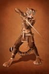 2:3 anthro armor barefoot biped blue_eyes clothed clothing conditional_dnp digitigrade feet felid female flat_chested fur gradient_background hi_res mammal melee_weapon midriff navel orange_body orange_fur pantherine simple_background smile solo striped_body striped_fur stripes sword tiger titusw weapon whiskers