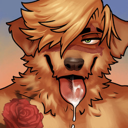 anthro bodily_fluids cum cum_on_tongue genital_fluids green_eyes male scar solo tongue meesh kodii bird_dog canid canine canis domestic_dog golden_retriever hunting_dog mammal retriever absurd_res headshot_portrait hi_res portrait