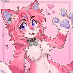 accessory arm_tuft bell bell_collar breasts collar eyelashes fangs female flower flower_in_hair hair hair_accessory heart_symbol pawpads pink_background pink_body pink_hair plant purple_eyes purple_pawpads simple_background small_breasts solo teeth tuft rioloin ezrie_(character) ezrie_(ezrie) domestic_cat felid feline felis mammal ragdoll_cat 1:1 absurd_res half-length_portrait hi_res portrait