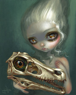 ambiguous_gender blonde_hair bone duo female feral hair holding_skull lips long_hair looking_at_viewer pupils simple_background skeleton skull teeth white_hair jasmine_becket-griffith animated_skeleton dinosaur dromaeosaurid human mammal prehistoric_species reptile saurischian scalie theropod undead velociraptor 2018 acrylic_painting_(artwork) dated formal_art hi_res painting_(artwork) traditional_media_(artwork) traditional_painting_(artwork)