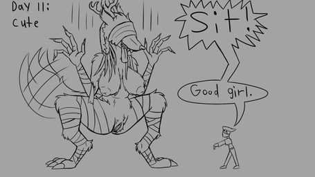 anthro antlers bandage bdsm claws covered_eyes digitigrade duo female genitals good_girl horn male male/female nipples petplay roleplay submissive submissive_anthro submissive_female tail tail_motion tailwag text tongue tongue_out skinnerthehammer bloodborne fromsoftware sony_corporation sony_interactive_entertainment vicar_amelia canid canine canis mammal wolf 16:9 english_text hi_res monochrome widescreen