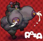 anthro balls big_balls big_breasts big_nipples black_body black_fur black_hair blep bodily_fluids breasts collar floppy_ears front_view fur genitals gynomorph hair hair_over_eyes huge_breasts hyper hyper_breasts intersex lactating milk nipples obese overweight paws solo tail tongue tongue_out dominogooper rosa_(dominogooper) canid canine canis domestic_dog mammal absurd_res hi_res trans_(lore) trans_woman_(lore)