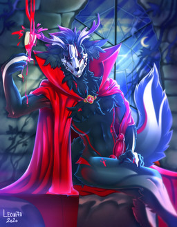 animal_genitalia animal_penis anthro canine_genitalia canine_penis clothed clothing erection genitals hair horn looking_at_viewer male penis smile solo leonifa canid canine canis demon mammal vampire wolf absurd_res digital_media_(artwork) hi_res