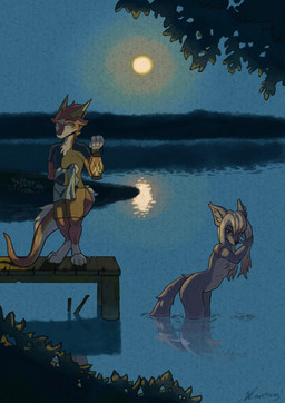 anthro bra breasts claws clothing drying drying_hair duo female full_moon fur grey_body hair horn inner_ear_fluff lake lamp leaning leaning_forward long_hair male moon nature nipples nude oil_lamp partially_submerged peek plant purple_eyes red_body reflection small_breasts tail tree tuft underwear wet wet_body wet_fur white_body white_hair yellow_body yellow_eyes arcticos mythology canid canine canis dragon furred_dragon furred_scalie mammal mythological_creature mythological_scalie scalie wolf absurd_res hi_res