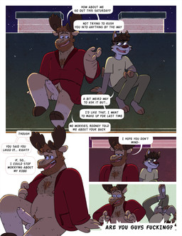 anthro antlers arm_hair balls barefoot bathrobe bathrobe_only beard body_hair bottomwear chest_hair clothed clothing dialogue duo erection eyewear facial_hair feet foreskin genitals glasses hairy hooves horn leg_hair male male/male mature_male navel night nipples on_roof open_clothing open_mouth open_robe open_smile pants penis profanity pubes robe shirt sitting sky smile speech_bubble star starry_sky surprised text topwear nardodraws leo_(nardodraws) tom_(nardodraws) canid canine canis deer mammal moose new_world_deer wolf comic english_text hi_res multiple_scenes
