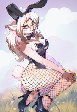 anthro bangs black_clothing black_leotard blonde_hair breasts brown_hair butt claws clothing cloud cute_fangs day eyelashes fake_ears fake_rabbit_ears fangs female fishnet_clothing fishnet_leggings fishnet_legwear footwear grass green_eyes hair heart_(marking) high_heels leggings legwear leotard long_hair markings medium_breasts multicolored_hair on_grass on_ground outside pink_nose plant shoes sitting sky smile solo teeth two_tone_hair cepto_(artist) felid feline lynx mammal colored digital_drawing_(artwork) digital_media_(artwork) hi_res shaded
