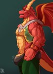 abs anthro barazoku biceps bottomwear bracelet bulge clothing countershading genitals green_bottomwear green_clothing green_pants horn jewelry male muscular muscular_anthro muscular_male open_mouth pants pecs penis pulling_up_pants red_body red_eyes side_view simple_background solo spikes tail topwear vein veiny_penis vest wings blazar activision meme_clothing mythology spyro_reignited_trilogy spyro_the_dragon tight_pants_(meme) delbin_(spyro) rescued_dragons_(spyro) dragon mythological_creature mythological_scalie scalie 2023 absurd_res hi_res meme portrait three-quarter_portrait