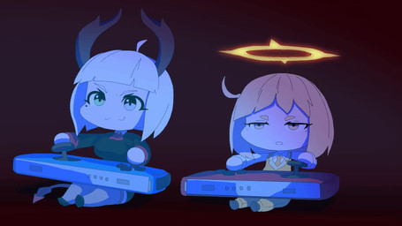 >:3 annoyed big_breasts blonde_hair breasts chibi clothing controller duo eyelashes female game_controller green_eyes grey_eyes hair half-closed_eyes halo happy heterochromia joycon_controller mole_under_eye motion_blur narrowed_eyes necktie nintendo_controller open_mouth shirt short_hair sitting tail tail_motion tailwag topwear white_hair yellow_clothing yellow_eyes yellow_necktie yellow_shirt yellow_topwear randomtanstudio nintendo nintendo_switch holly_greatman_(randomtanstudio) vassago_(randomtanstudio) angel angel_humanoid demon demon_humanoid humanoid 16:9 2d_animation animated frame_by_frame hi_res widescreen