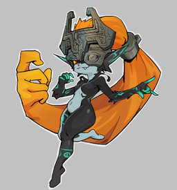 accessory anthro arm_markings armor black_body black_skin breasts clothing ear_markings fangs featureless_breasts featureless_crotch female finger_markings floating fused_shadow hair hair_accessory hair_tie headgear headwear helmet leg_markings long_hair looking_at_viewer markings mask multicolored_body multicolored_skin one_eye_obstructed orange_hair pointy_ears pupils red_pupils small_breasts solo teeth tiptoes torso_markings two_tone_body two_tone_skin white_body white_skin yellow_sclera zeker nintendo the_legend_of_zelda twilight_princess midna goblin humanoid imp twili