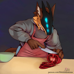 6_eyes anthro apron clothing cooking hoodie kitchen knife male multi_eye paws solo text topwear sibi_the_messtress mitch_(theroboticdragon) mantled_beast absurd_res hi_res url