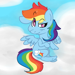 blue_body blue_feathers blue_fur cloud cutie_mark feathered_wings feathers female feral fur hair long_hair multicolored_hair multicolored_tail outside pink_eyes purple_hair rainbow rainbow_hair rainbow_tail sky smile solo tail wings backsash friendship_is_magic hasbro my_little_pony mythology rainbow_dash_(mlp) equid equine mammal mythological_creature mythological_equine pegasus 1:1 2013 hi_res