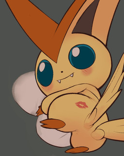2_toes 3_fingers ambiguous_gender big_ears black_background black_nose blue_eyes blue_sclera blush butt butt_wings chibi cute_fangs fangs feet feral fingers fur hug hugging_object hugging_pillow kiss_mark looking_at_viewer lying orange_body orange_fur pillow simple_background smile solo teeth toes unusual_wing_placement wings inkune nintendo pokemon generation_5_pokemon legendary_pokemon mammal pokemon_(species) victini 2020 digital_media_(artwork)