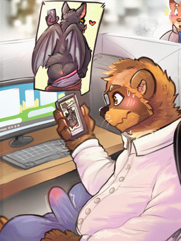 anthro anus back_wings black_body black_fur black_nose black_tail blonde_eyebrows blue_bottomwear blue_clothing blue_pants blush bottomwear bottomwear_down brown_body brown_bottomwear brown_clothing brown_fur brown_pants butt camera_flash cellphone chair clothed clothing computer computer_keyboard cubicle desk duo electronics erection erection_under_clothing eyebrows eyewear fur furniture glasses green_eyes heart_symbol holding_cellphone holding_object holding_phone holding_smartphone looking_at_cellphone looking_at_object looking_at_phone male monitor office office_chair office_desk pants pants_down partially_clothed phone presenting presenting_anus presenting_hindquarters purple_clothing purple_underwear seductive shirt smartphone table tail taking_picture taking_selfie tenting text tongue tongue_out topwear underwear underwear_down wearing_glasses whiskers white_clothing white_shirt white_topwear wings yellow_eyes sharkall batty_(oxbridgetanuki) oxbridge_tanuki bat canid canine mammal raccoon_dog tanuki 2025 3:4 character_name hi_res