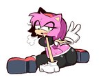 anthro bodily_fluids breasts butt_cleavage clothing female footwear gesture gloves green_eyes hand_gesture handwear looking_at_viewer looking_back looking_back_at_viewer open_mouth simple_background sitting solo sweat v_sign white_background white_clothing white_gloves white_handwear eks-out sega sonic_the_hedgehog_(series) amy_rose eulipotyphlan hedgehog mammal 2022 hi_res