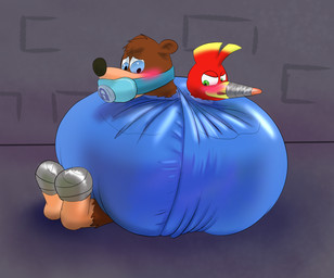 beak big_diaper brown_body brown_fur clean_diaper clothed clothing diaper diaper_fetish duo fur gag muzzle_(object) muzzled pacifier pacifier_gag simple_background tape tape_muzzle wearing_diaper chaptude banjo-kazooie rareware banjo_(banjo-kazooie) kazooie avian bear breegull mammal 2021 hi_res