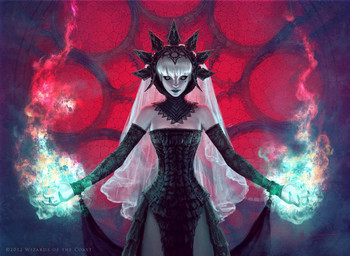 blue_fire breasts clothed clothing colored_fire female fire hair magic magic_user not_furry solo text white_hair window yellow_eyes jason_chan hasbro magic:_the_gathering wizards_of_the_coast humanoid vampire 2012 official_art