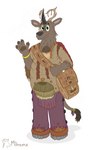 4_fingers anthro antlers black_horn black_nose bottomwear bracelet brown_body brown_fur clothed clothing elephant_toes fingers fur gesture green_eyes horn jewelry looking_at_viewer male markings pants pawpads purple_bottomwear purple_clothing purple_pants ring shoulder_bag simple_background solo tan_clothing tan_shirt tan_topwear topwear waving white_background monocerus miden hybrid mammal monocerus_(species) absurd_res hi_res