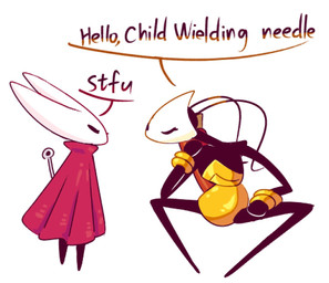 antennae_(anatomy) anthro armor arthropod_abdomen black_body cloak cloak_only clothing dialogue duo featureless_feet feet female gold_(metal) greeting horn humor mask profanity size_difference text 87_god hollow_knight:_silksong hollow_knight_(franchise) team_cherry hornet_(hollow_knight) shakra_(hollow_knight:_silksong) arthropod english_text