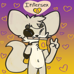 amputee anthro brown_markings countershading disability flag flag_(object) fur gesture gradient_background hand_gesture heart_symbol holding_flag holding_object intersex_pride_colors lgbt_pride male markings missing_arm pride_color_background pride_color_flag pride_colors simple_background solo subculture_pride_colors tan_body tan_fur v_sign white_body white_countershading young young_anthro bunnyqueen canid canine fennec_fox fox mammal true_fox 1:1 hi_res intersex_(lore)