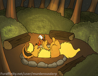 ambiguous_gender campfire candy dessert detailed_background feral fire food forest log marshmallow outside plant roasting rock solo text tree wood murderousderp nintendo pokemon eeveelution flareon generation_1_pokemon pokemon_(species) url