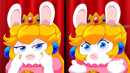 anthro blonde_hair blue_ear_piercing blue_pupils closed_frown clothed clothed_anthro clothed_female clothing crown ear_piercing eyelashes female female_anthro frown frowning_at_viewer fur furrowed_eyebrows gem gesture hair half-closed_eyes hand_gesture headgear light long_ears long_hair looking_at_viewer mitten_hands mouth_closed narrowed_eyes noseless piercing pink_clothing pink_shirt pink_topwear pointing pointing_at_self pupils red_curtains ruby_(gem) sapphire_(gem) shirt solo tan_eyelids tan_inner_ear text topwear white_body white_fur jooniethenight cardi_b cardi_b_court_case mario_bros mario_plus_rabbids_kingdom_battle nintendo raving_rabbids rayman_(series) ubisoft rabbid_peach lagomorph mammal rabbid 16:9 2025 artist_name colored comic crossover digital_media_(artwork) english_description hi_res lighting meme shaded widescreen