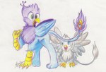 avian_feet beak blue_body duo feathered_wings feathers feral green_eyes male paws pink_body quadruped size_difference tail tail_tuft tuft wings amarcato mythology der gyro_feather avian bird galliform gryphon mythological_avian mythological_creature peafowl phasianid hi_res